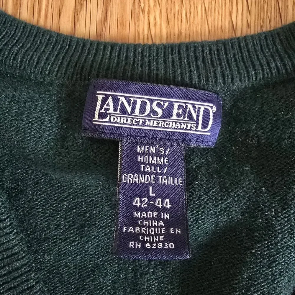 Lands End Cashmere Sweater Mens L Tall Green V Neck Pullover Minimalist Luxury - Picture 2 of 8